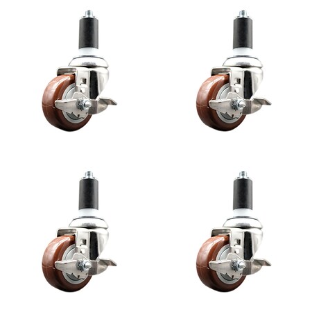 Service Caster 3.5 Inch 316SS Maroon Poly Swivel 1-3/8 Inch Expanding Stem Caster Set Brake SCC SS316EX20S3514-PPUB-MRN-TLB-138-4